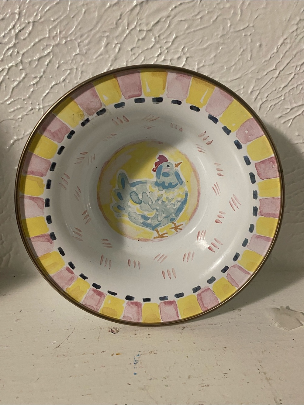 Mackenzie-Child Enamelware  Hand-Painted Chicken Bowl. Yellow and Pink checker